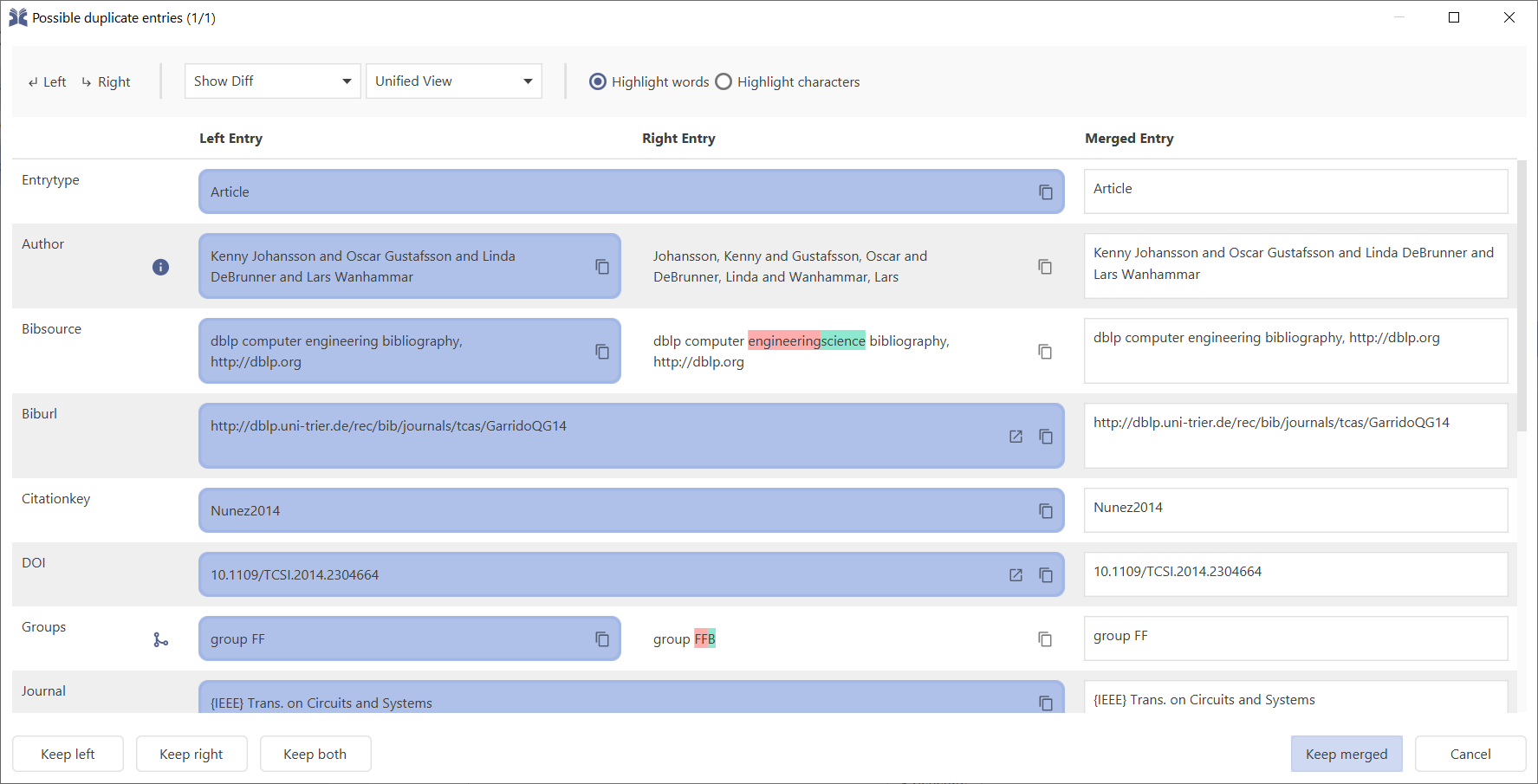 Screenshot of the duplicate resolver dialog in light mode
