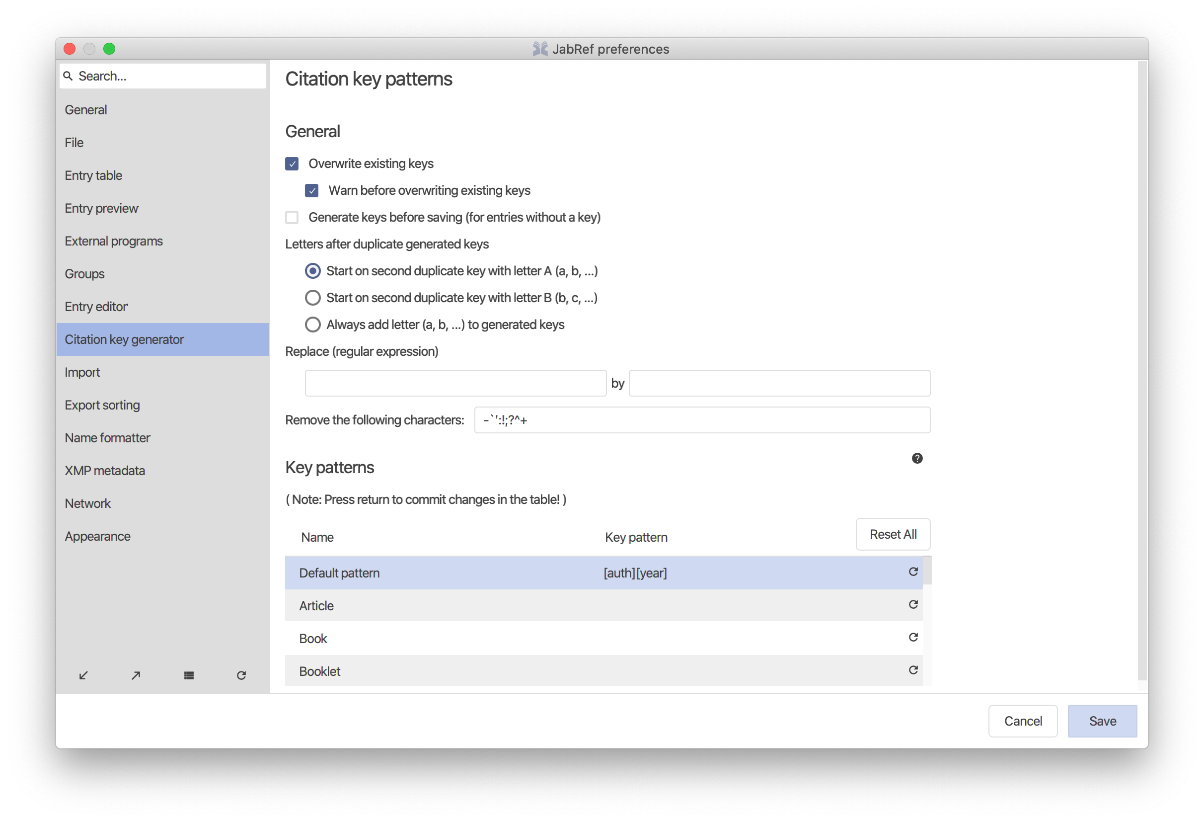 Citation key generator preferences
