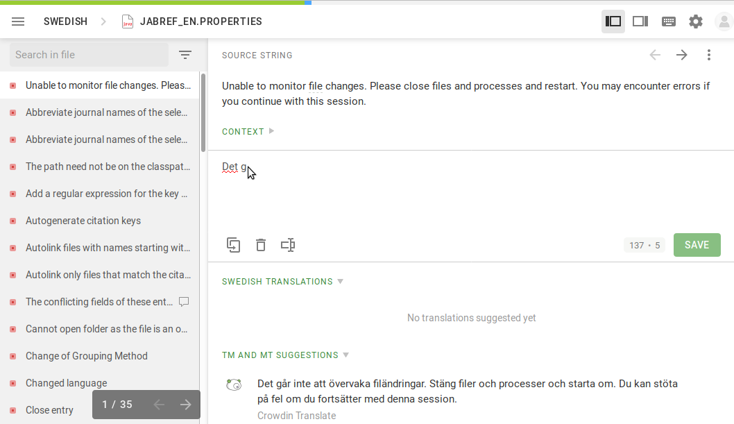 Screenshot of Crowdin translation page